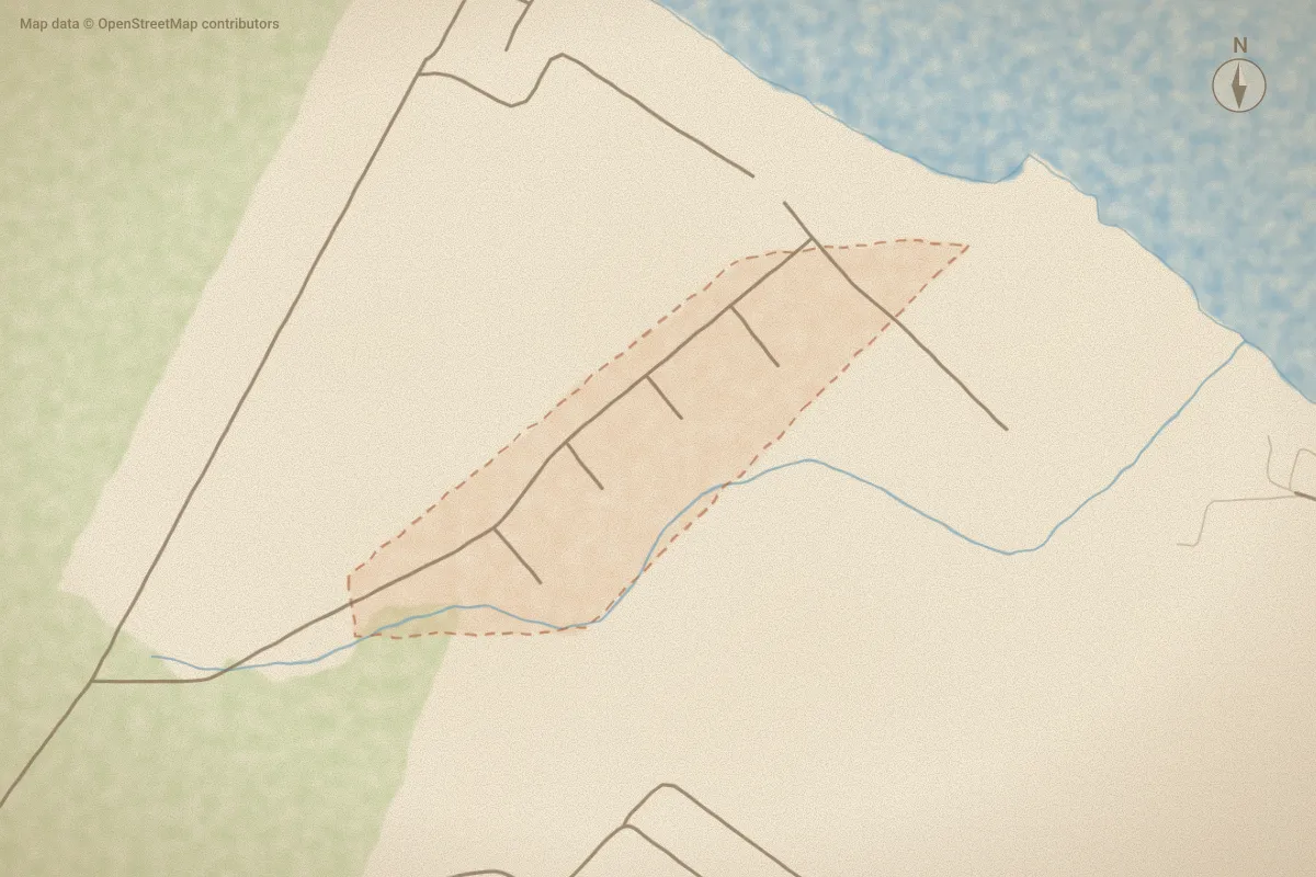 Watercolor map of Neuse Point East in Havelock, NC, showing its streets, water and surroundings