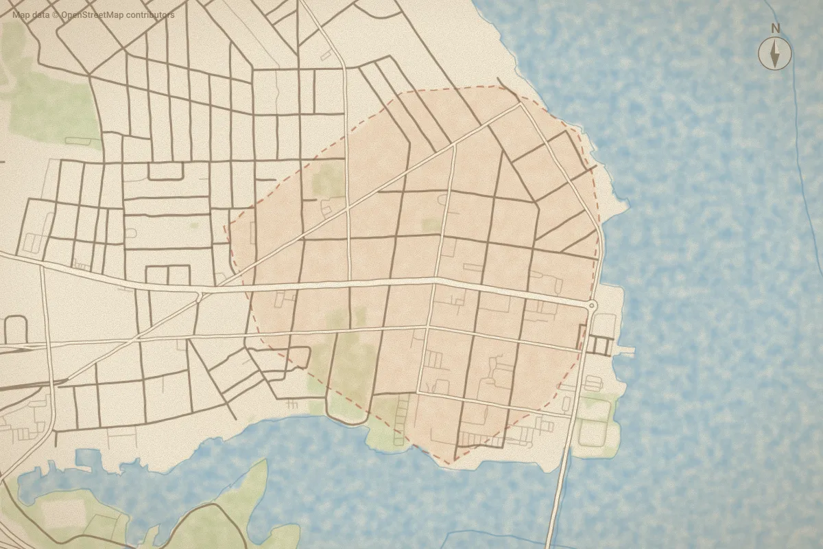 Watercolor map of New Bern Downtown Historic in New Bern, NC, showing its streets, water and surroundings