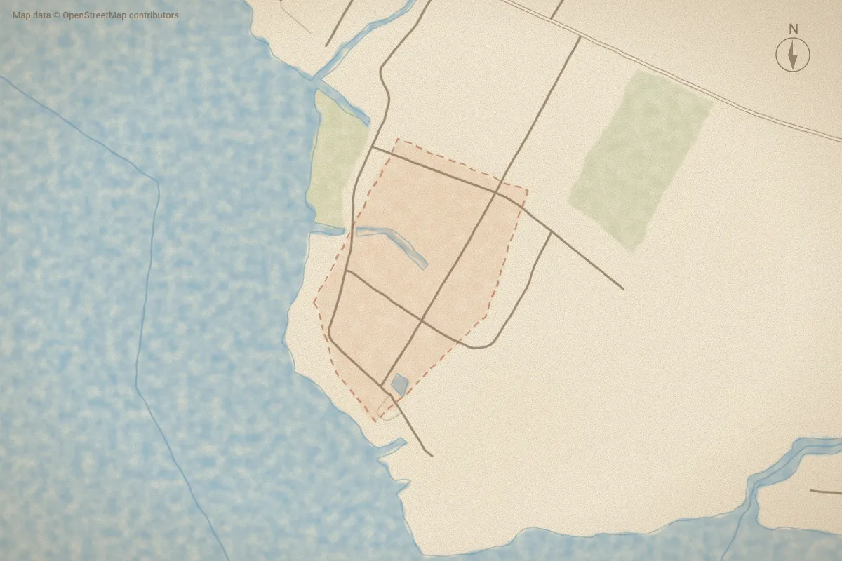 Watercolor map of Nixonton Terrace in Elizabeth City, NC, showing its streets, water and surroundings
