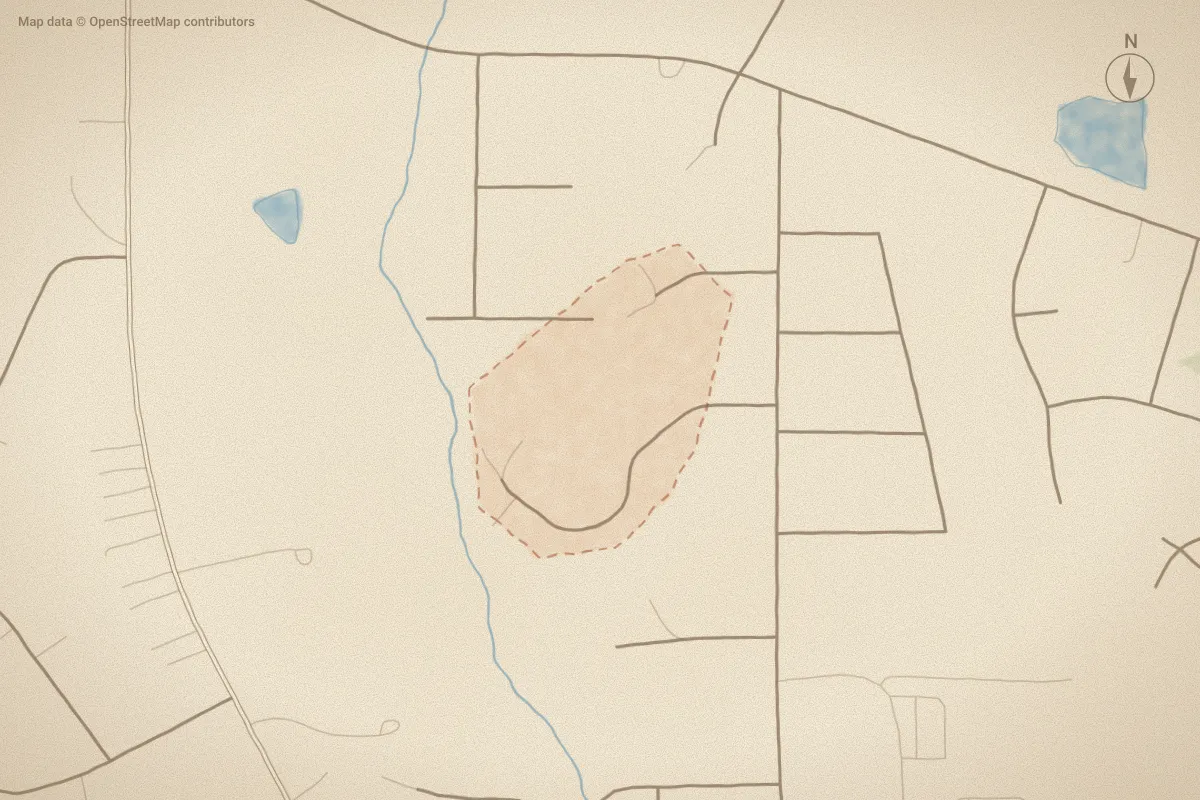 Watercolor map of Noels Acres in Rocky Mount, NC, showing its streets, water and surroundings