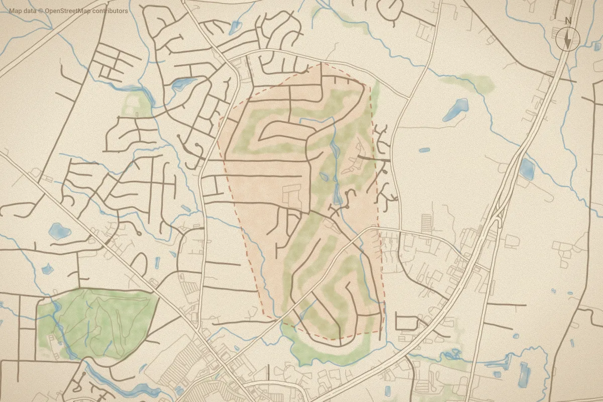 Watercolor map of Northgreen in Rocky Mount, NC, showing its streets, water and surroundings