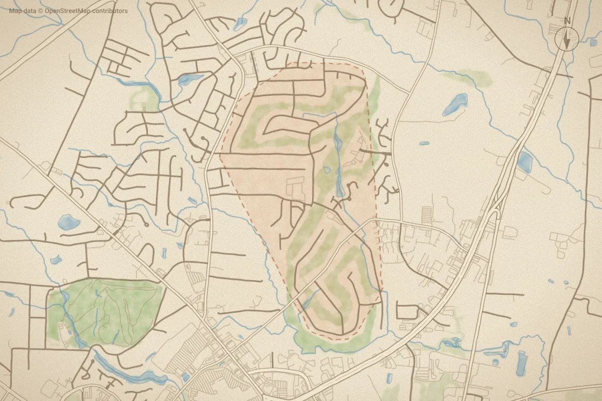 Watercolor map of Northgreen Village in Rocky Mount, NC, showing its streets, water and surroundings