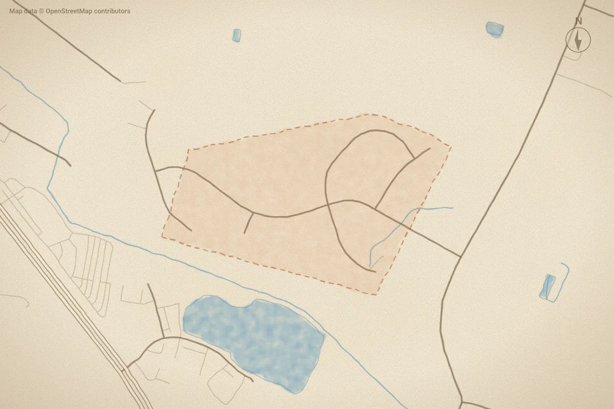Watercolor map of Northwoods in Greenville, NC, showing its streets, water and surroundings