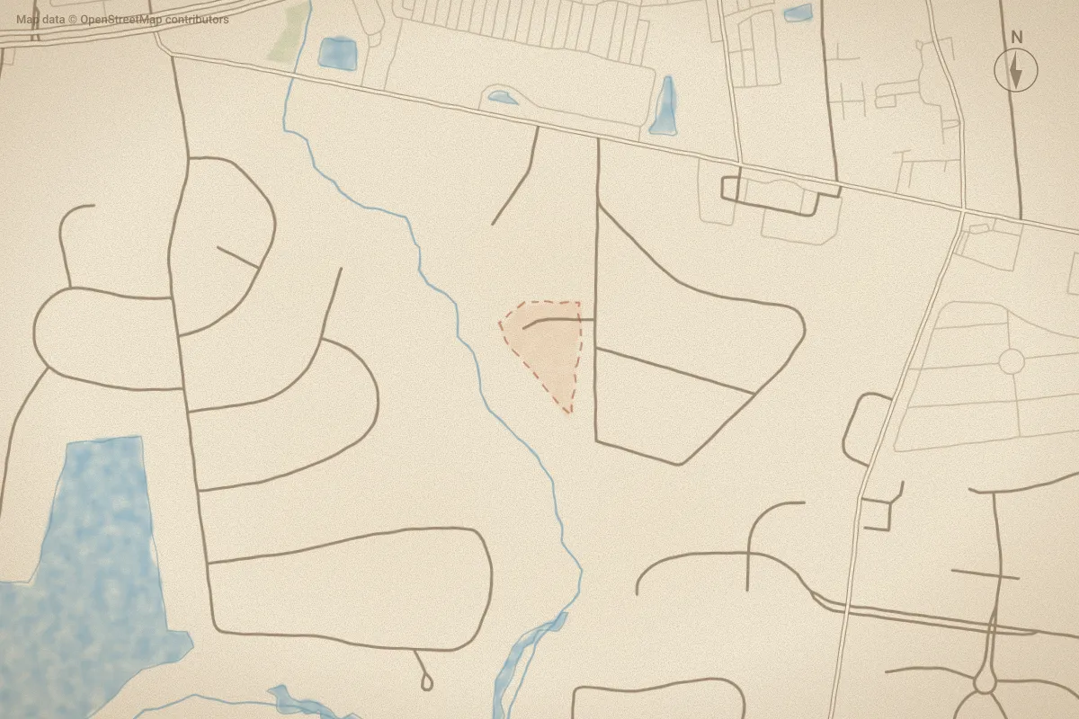 Watercolor map of Oak Creek in New Bern, NC, showing its streets, water and surroundings
