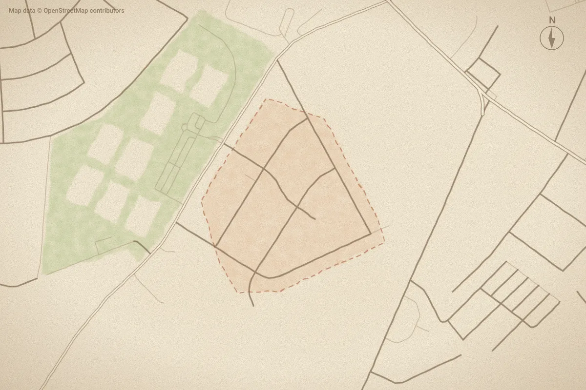 Watercolor map of Oak Forest in Goldsboro, NC, showing its streets, water and surroundings