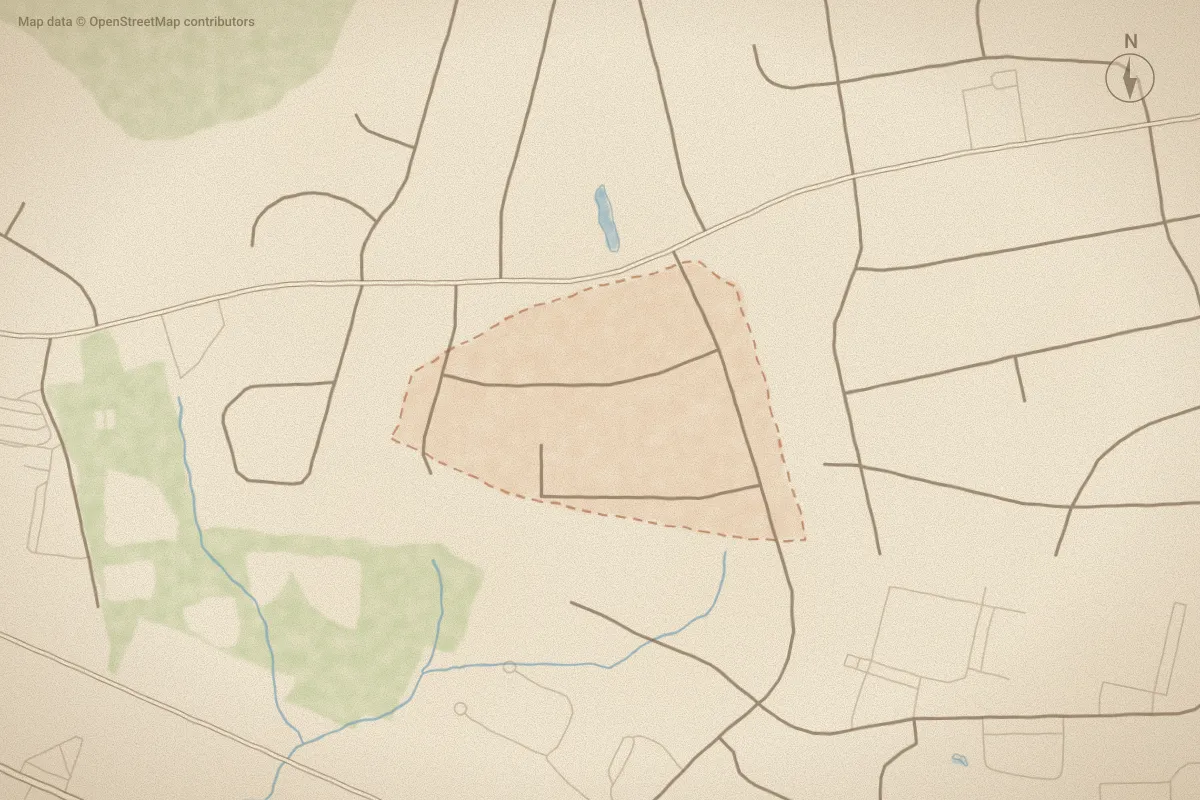 Watercolor map of Oak Smith Acres in Morehead City, NC, showing its streets, water and surroundings