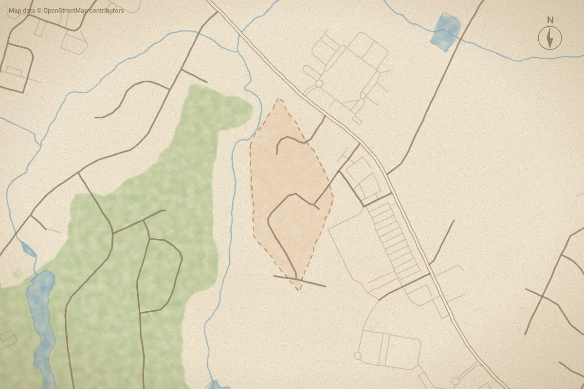 Watercolor map of Oakhurst in Greenville, NC, showing its streets, water and surroundings