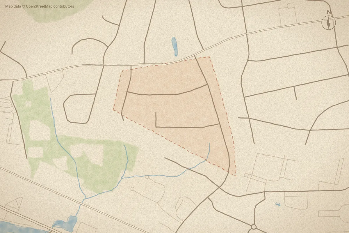 Watercolor map of Oaksmith Acres in Morehead City, NC, showing its streets, water and surroundings