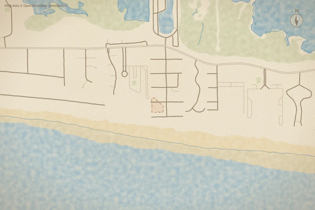 Watercolor map of Oasis at Atlantic Beach in Atlantic Beach, NC, showing its streets, water and surroundings