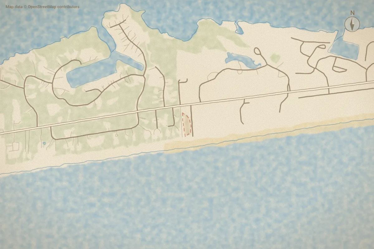Watercolor map of Ocean Glen in Pine Knoll Shores, NC, showing its streets, water and surroundings