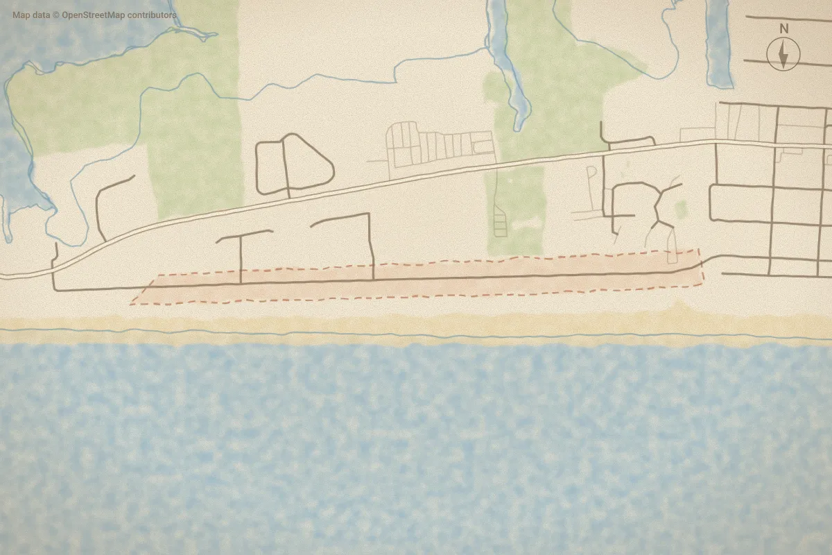 Watercolor map of Ocean Ridge Plantation in Atlantic Beach, NC, showing its streets, water and surroundings