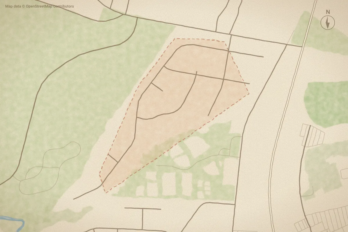 Watercolor map of Ocean Spray in Cape Carteret, NC, showing its streets, water and surroundings