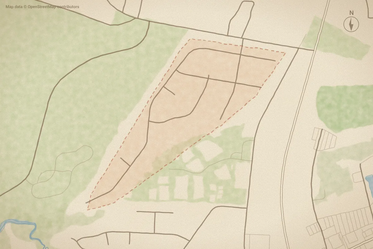 Watercolor map of Ocean Spray in Swansboro, NC, showing its streets, water and surroundings