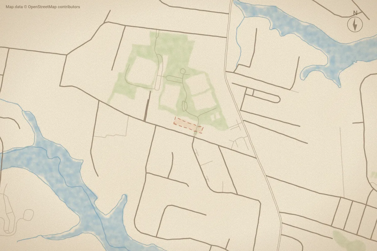 Watercolor map of Oglesby Farm in Morehead City, NC, showing its streets, water and surroundings