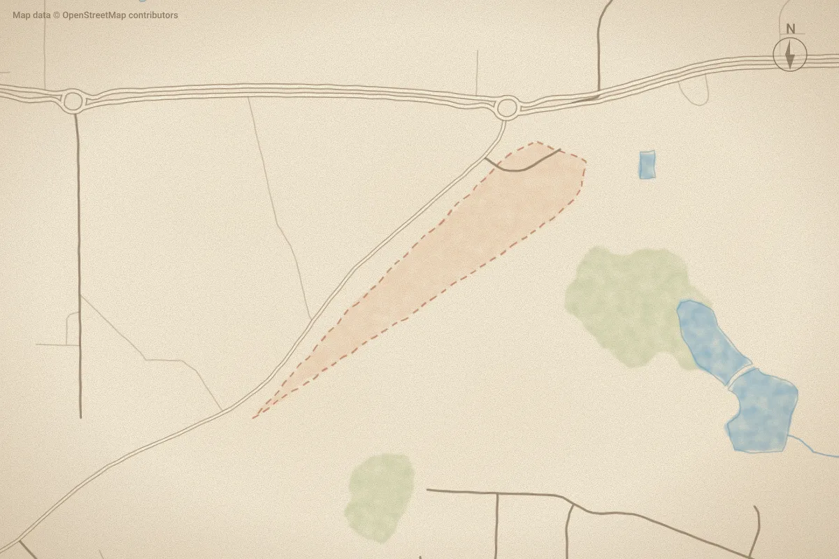 Watercolor map of Old Spring Hope in Rocky Mount, NC, showing its streets, water and surroundings