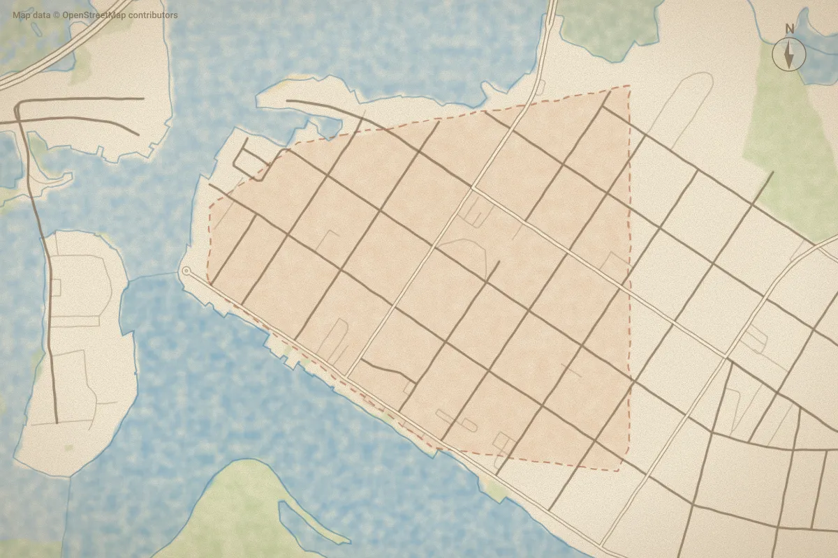 Watercolor map of Old Town Beaufort in Beaufort, NC, showing its streets, water and surroundings