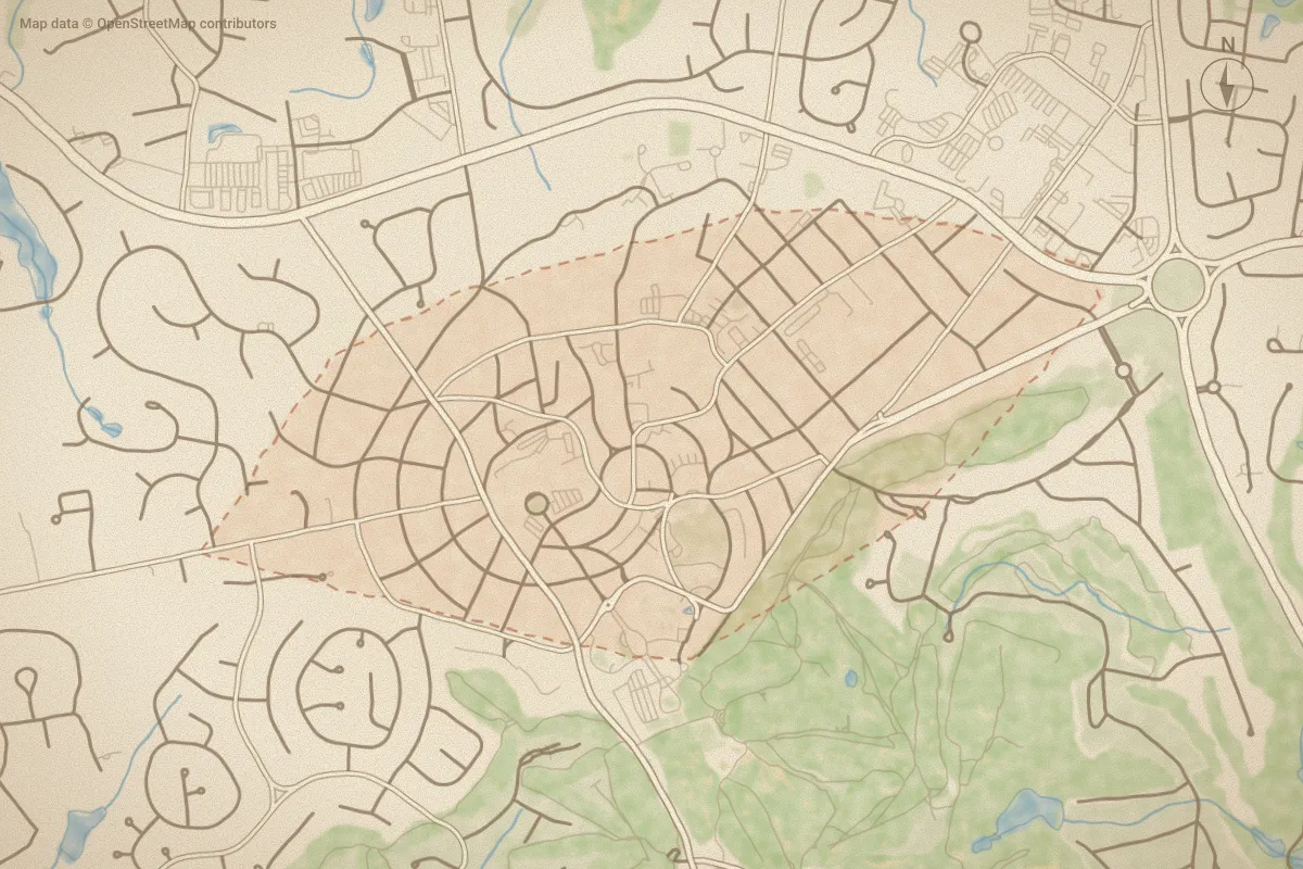 Watercolor map of Old Town in Pinehurst, NC, showing its streets, water and surroundings