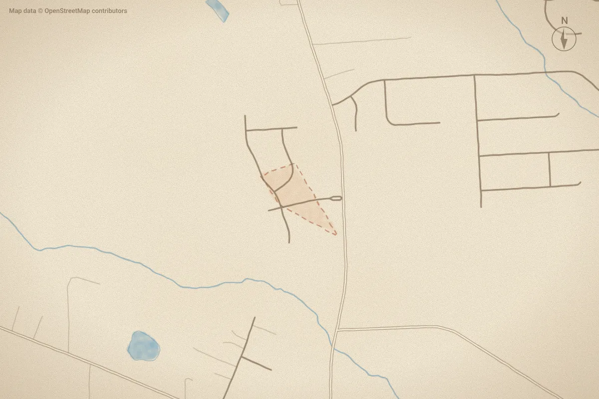 Watercolor map of Olde Mill Stream in Rocky Mount, NC, showing its streets, water and surroundings