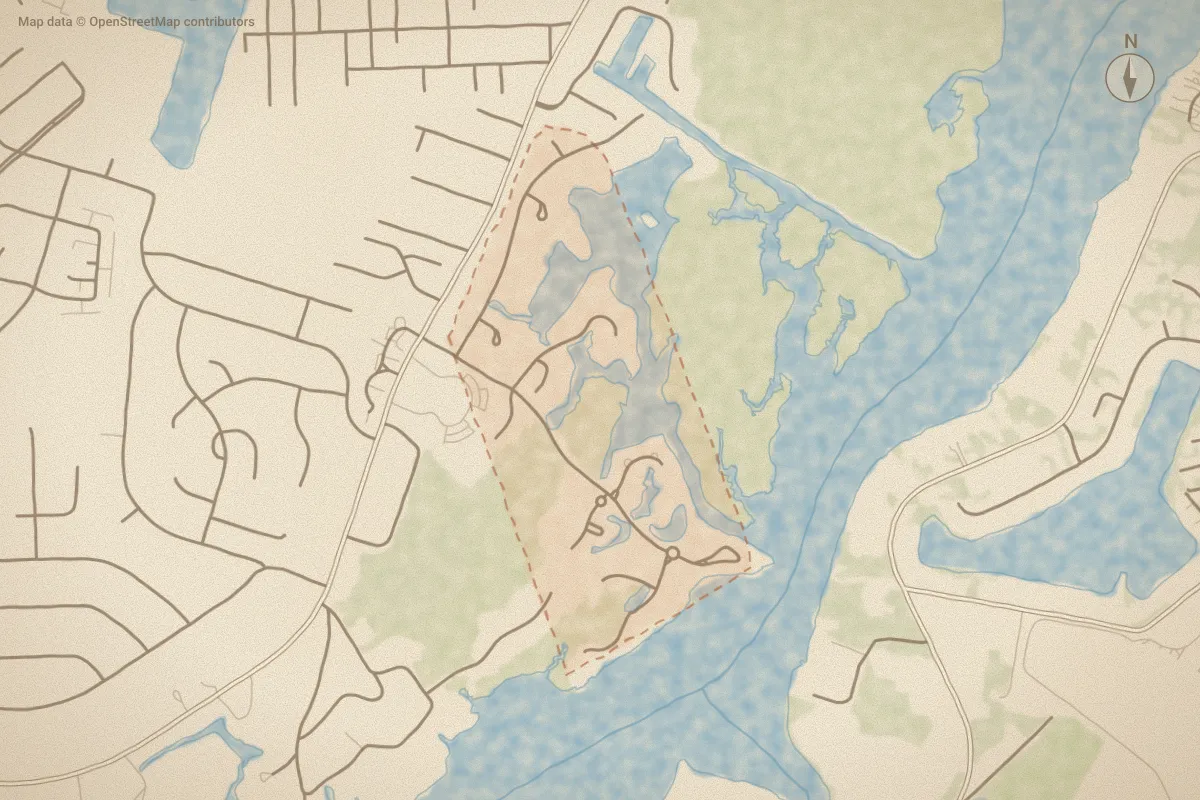 Watercolor map of Olde Towne in New Bern, NC, showing its streets, water and surroundings