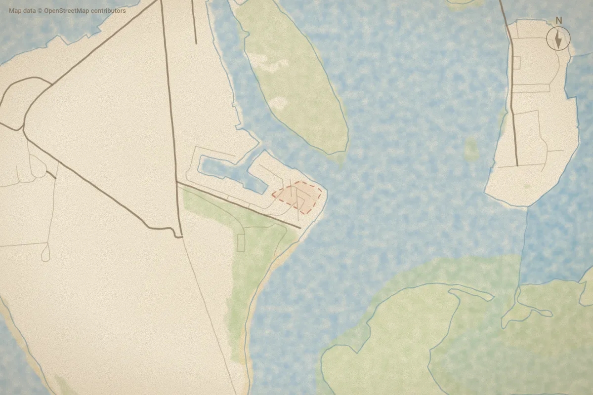 Watercolor map of Olde Towne Yacht in Beaufort, NC, showing its streets, water and surroundings