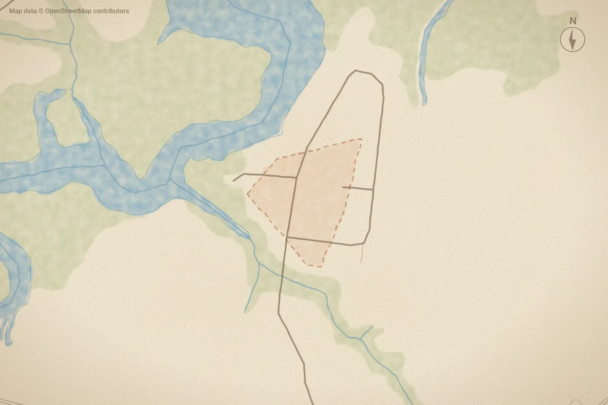 Watercolor map of Orchard Cove in Elizabeth City, NC, showing its streets, water and surroundings