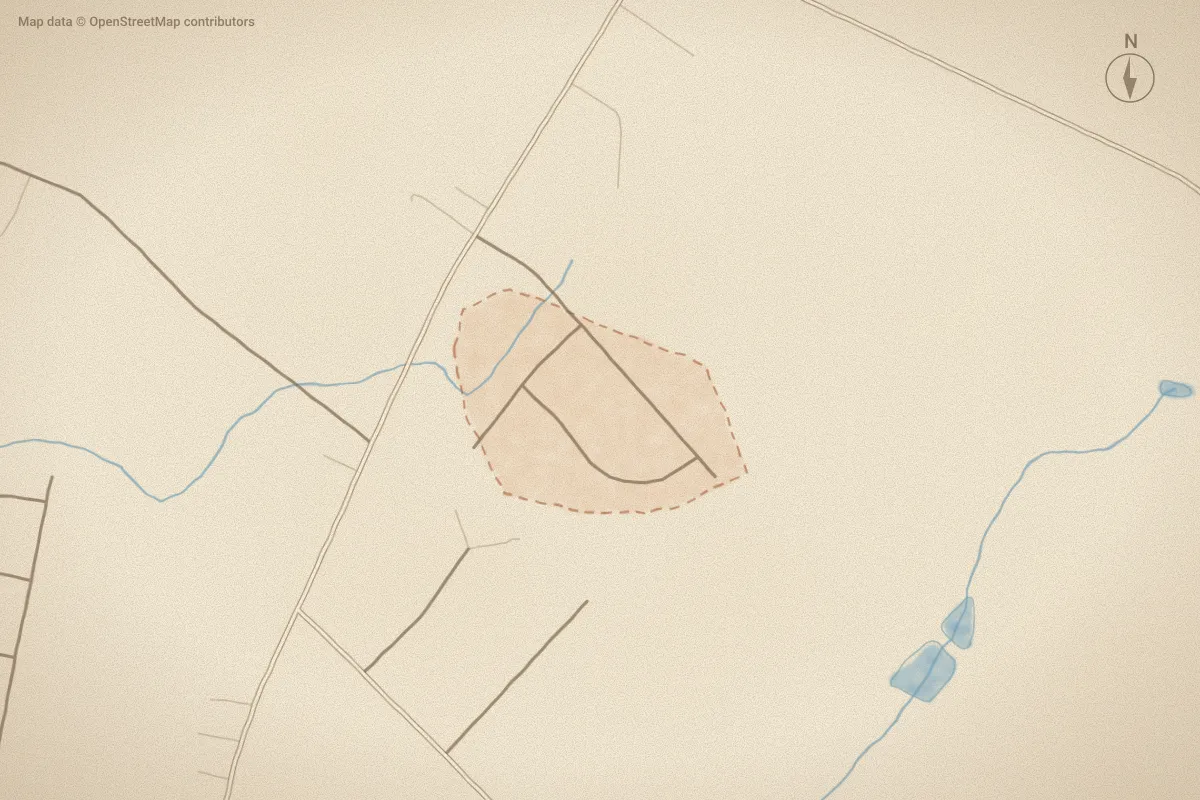 Watercolor map of Orchard Heights in Pikeville, NC, showing its streets, water and surroundings