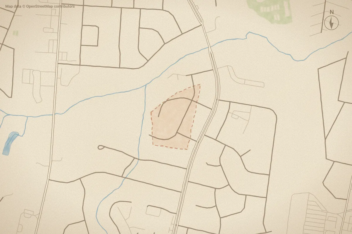 Watercolor map of Orchard Hills in Greenville, NC, showing its streets, water and surroundings