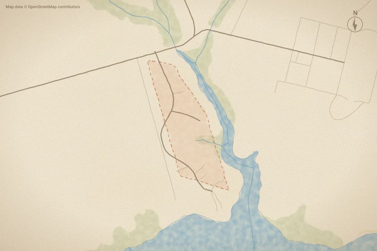 Watercolor map of Pailin Creek Landing in Elizabeth City, NC, showing its streets, water and surroundings