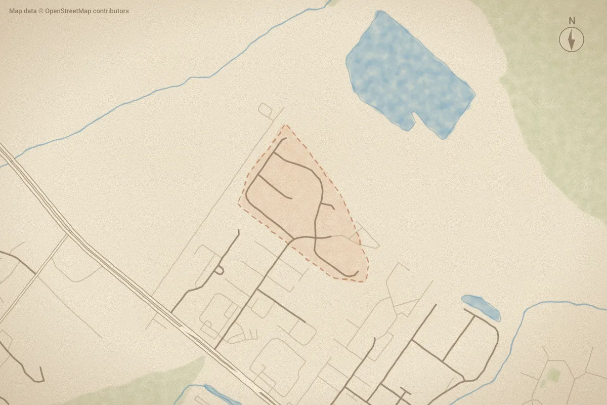 Watercolor map of Paladin Place in Greenville, NC, showing its streets, water and surroundings
