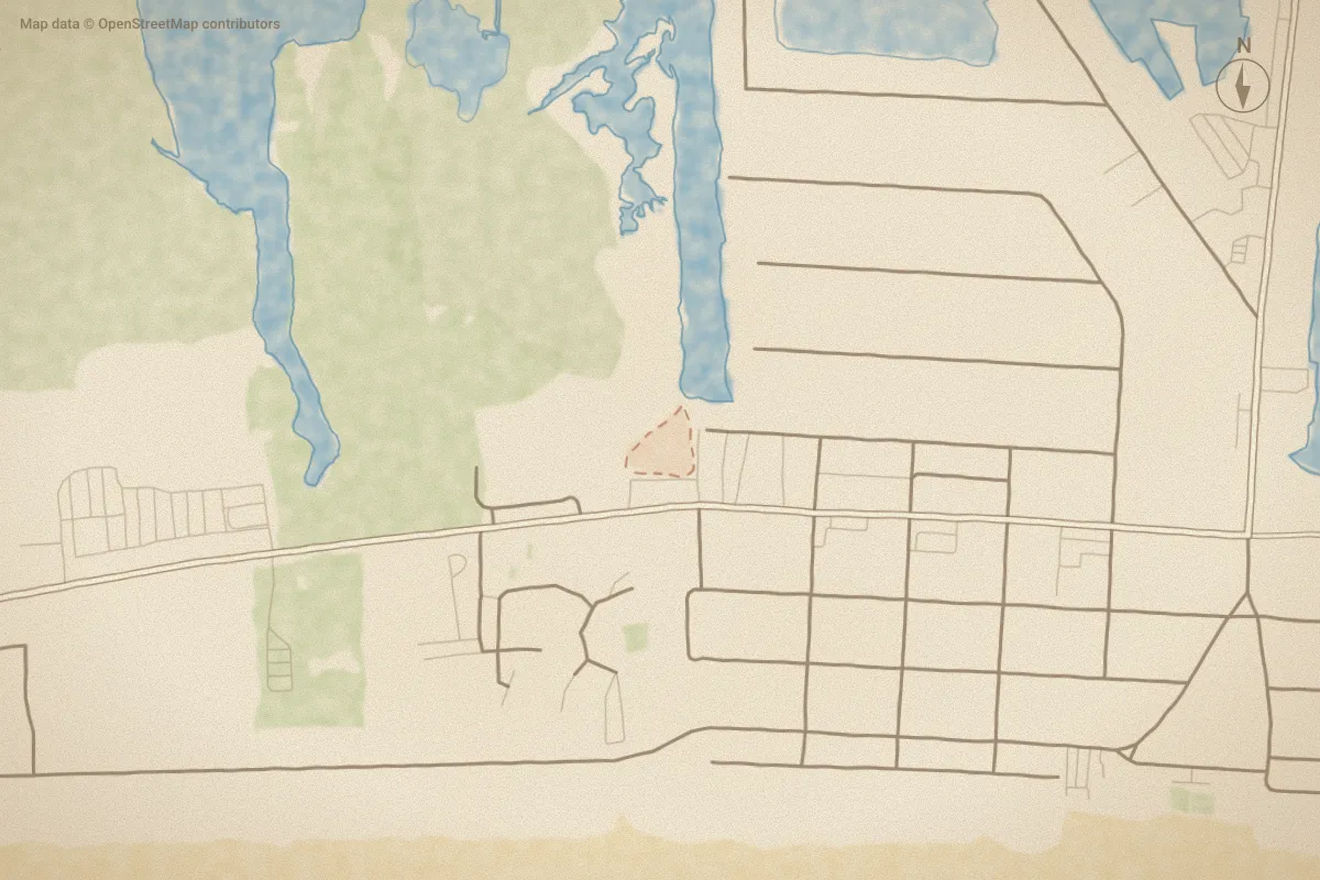 Watercolor map of Palm Suites in Atlantic Beach, NC, showing its streets, water and surroundings