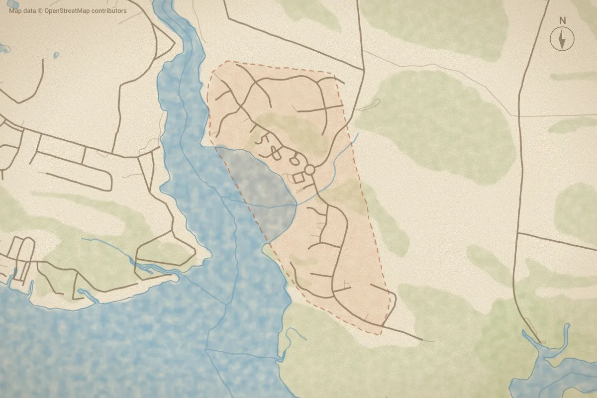 Watercolor map of Pamlico Plantation in Washington, NC, showing its streets, water and surroundings