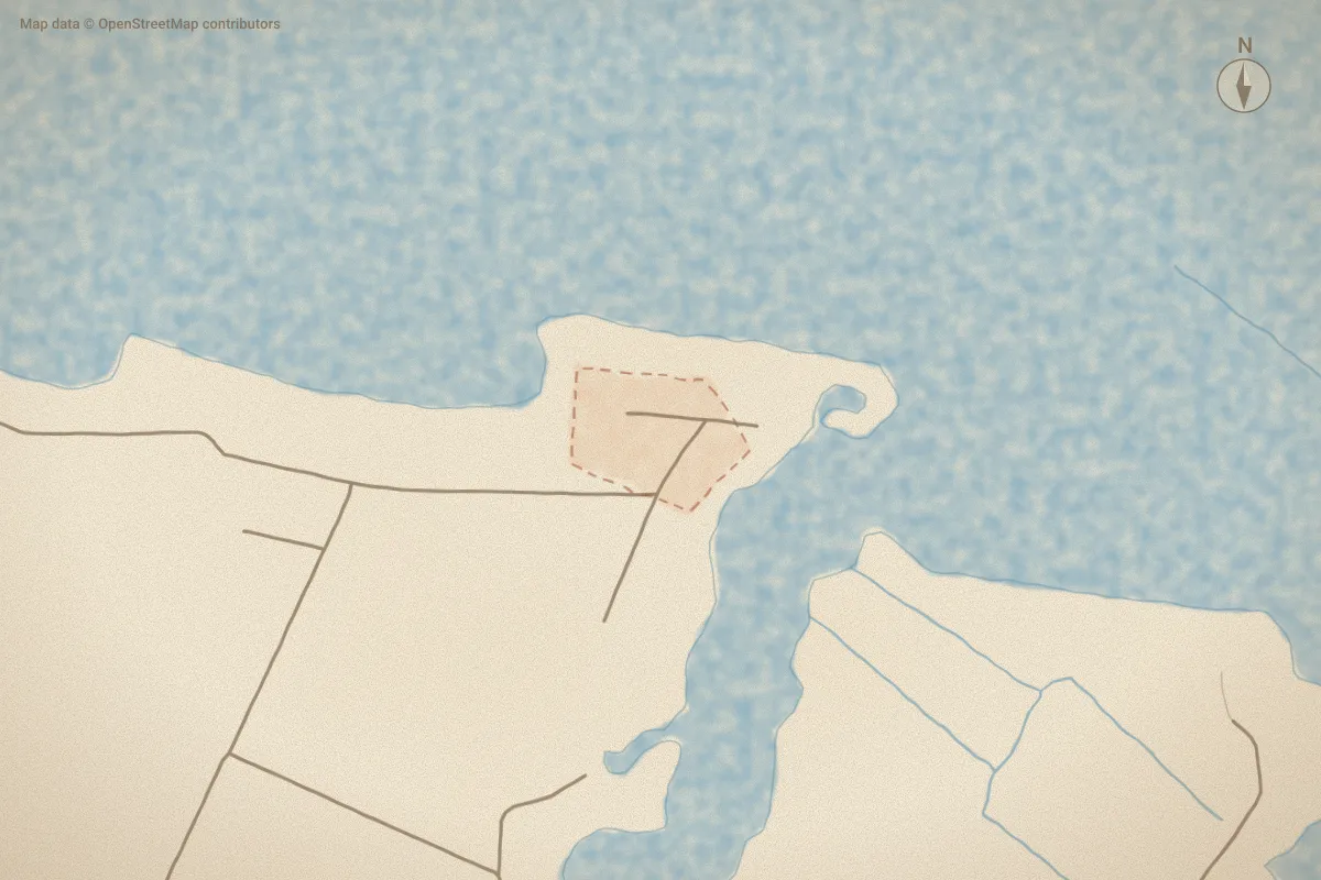 Watercolor map of Paradise Cove in Havelock, NC, showing its streets, water and surroundings