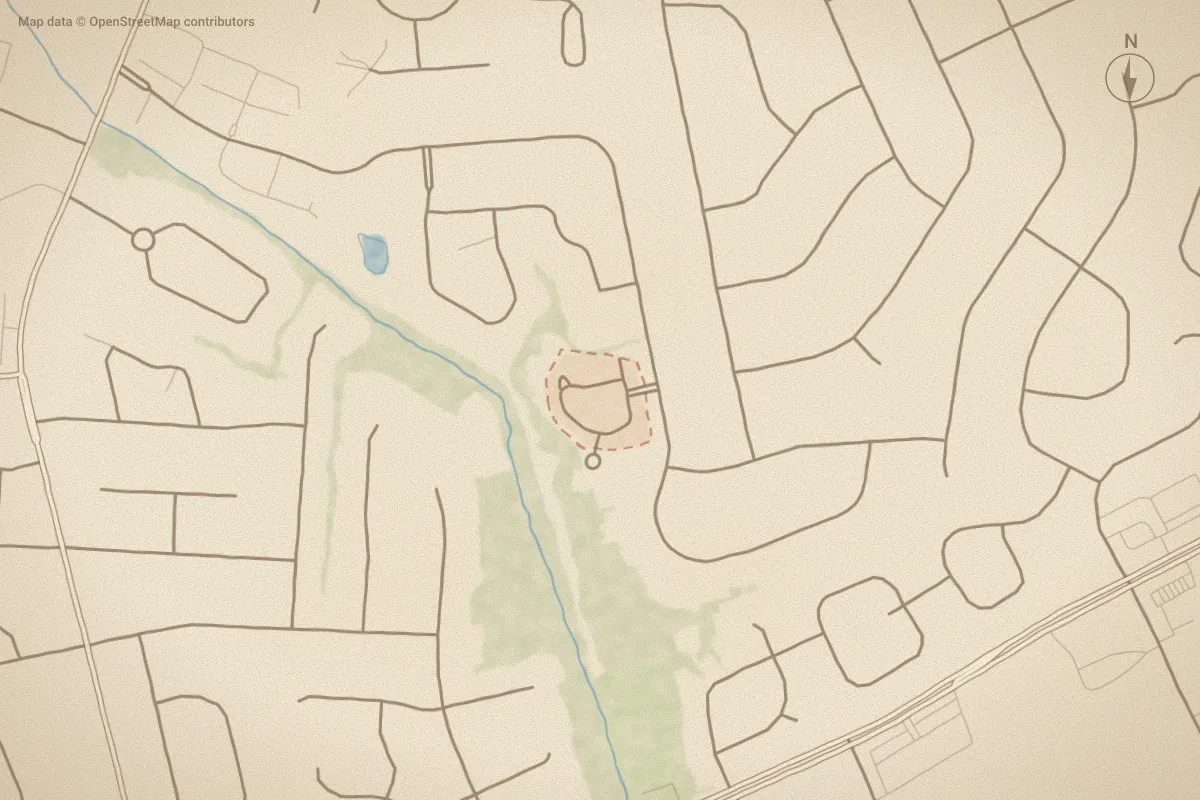 Watercolor map of Parmer Place in Greenville, NC, showing its streets, water and surroundings