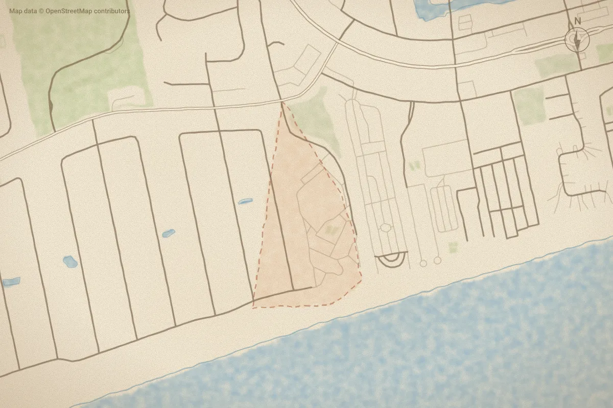 Watercolor map of Pebble Beach in Emerald Isle, NC, showing its streets, water and surroundings