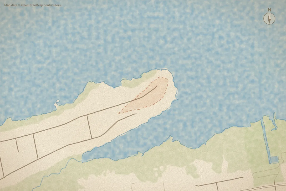 Watercolor map of Pelican Point in Emerald Isle, NC, showing its streets, water and surroundings