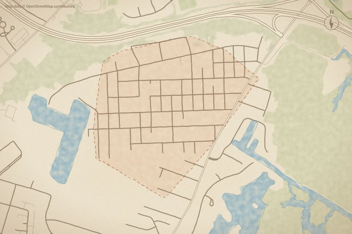 Watercolor map of Pembroke in New Bern, NC, showing its streets, water and surroundings