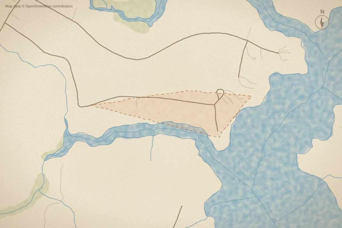 Watercolor map of Peninsula Acres in Bath, NC, showing its streets, water and surroundings