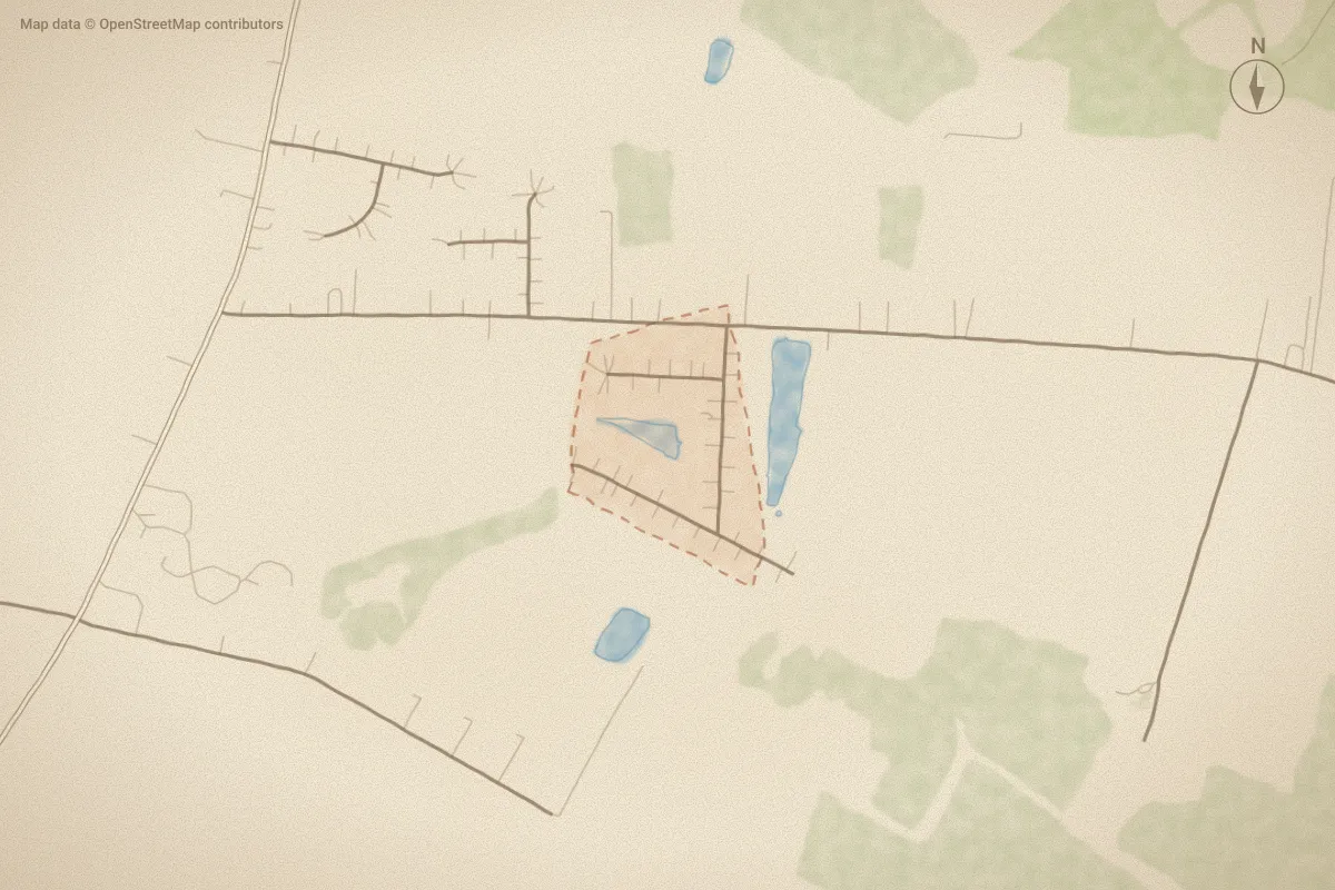 Watercolor map of Perkins Estates in Elizabeth City, NC, showing its streets, water and surroundings