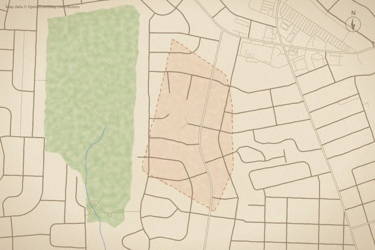 Watercolor map of Perry Woods in Kinston, NC, showing its streets, water and surroundings