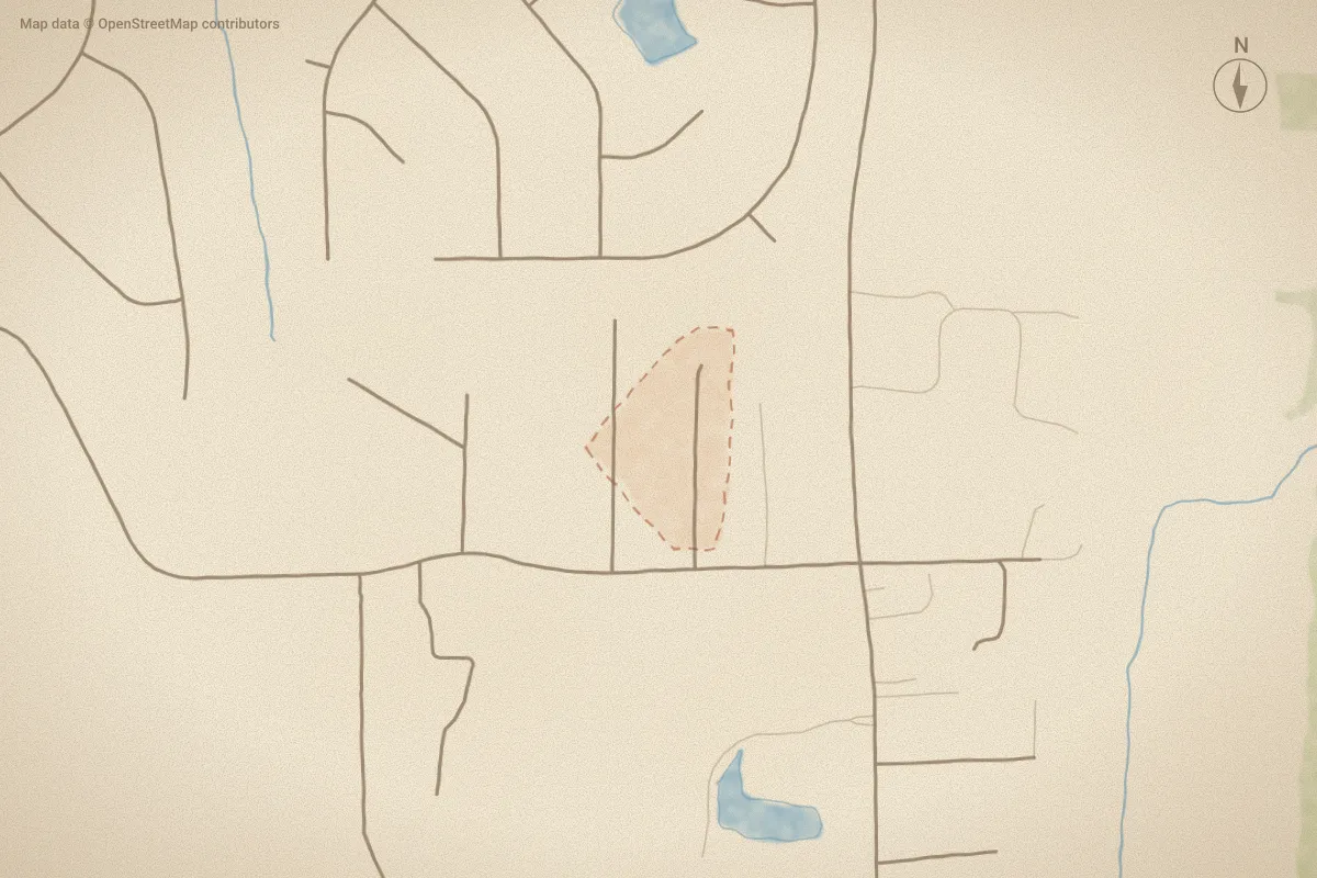 Watercolor map of Perrytown Meadows in New Bern, NC, showing its streets, water and surroundings