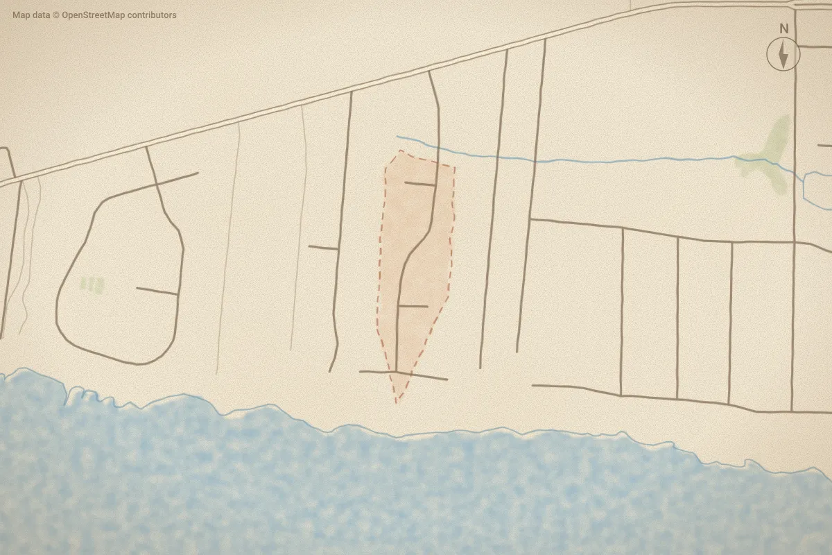Watercolor map of Phillips Landing in Morehead City, NC, showing its streets, water and surroundings
