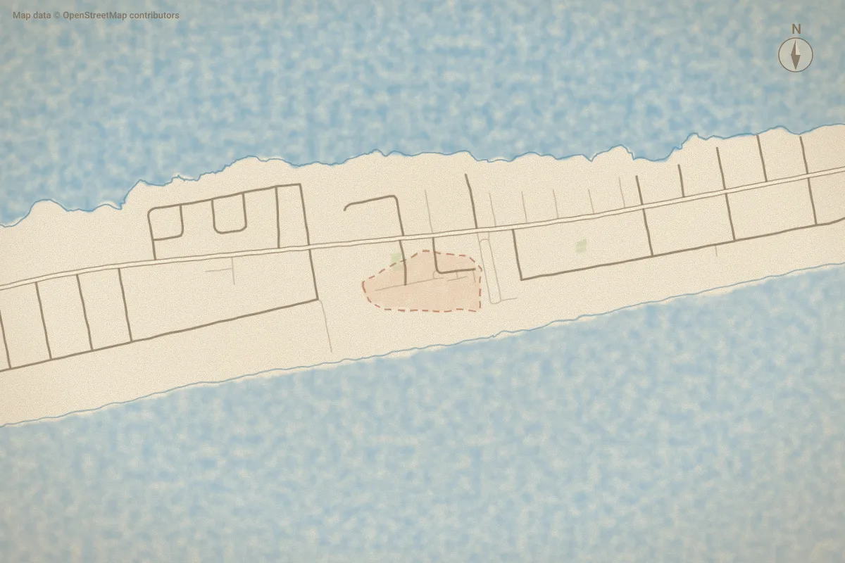 Watercolor map of Pier Pointe in Emerald Isle, NC, showing its streets, water and surroundings