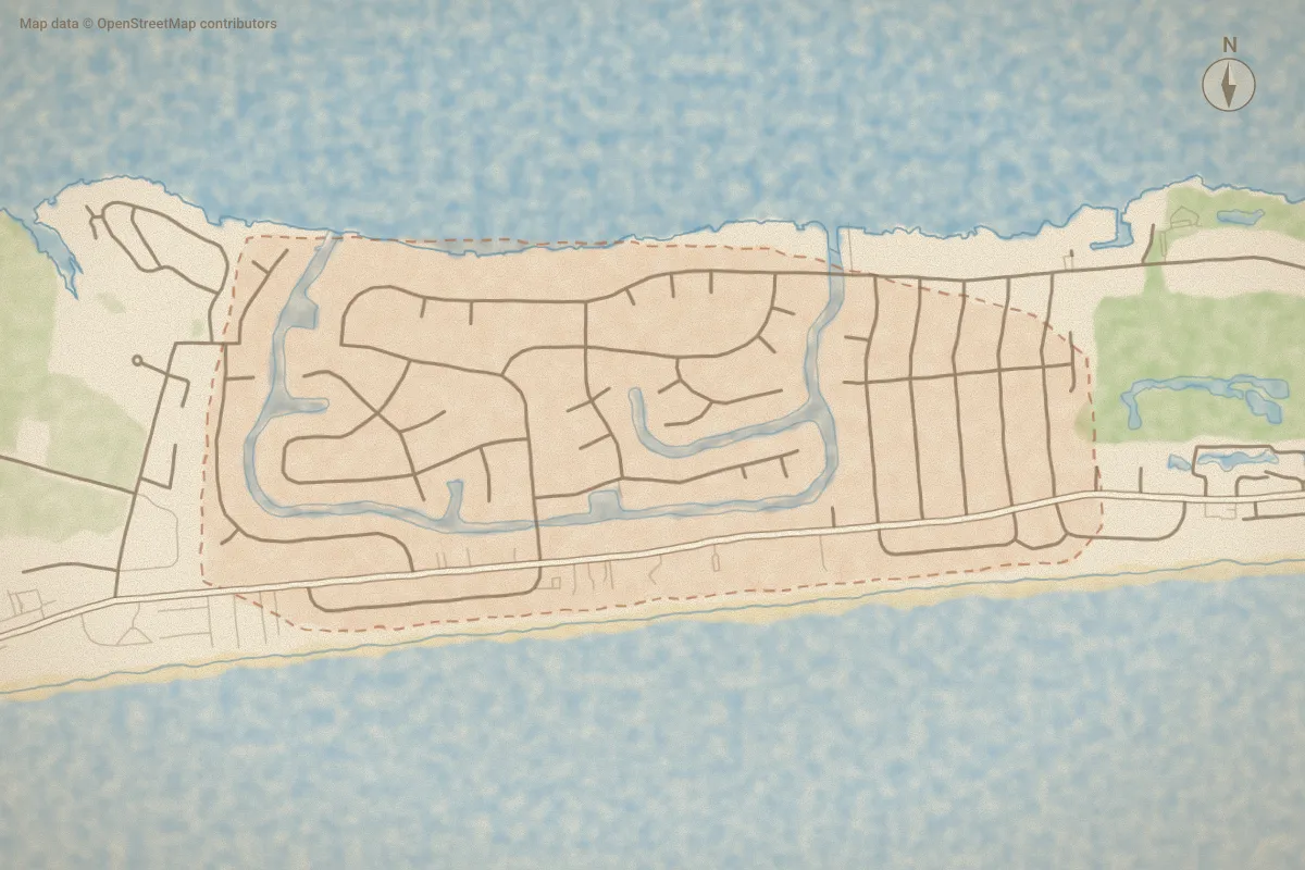 Watercolor map of Pine Knoll Association in Pine Knoll Shores, NC, showing its streets, water and surroundings
