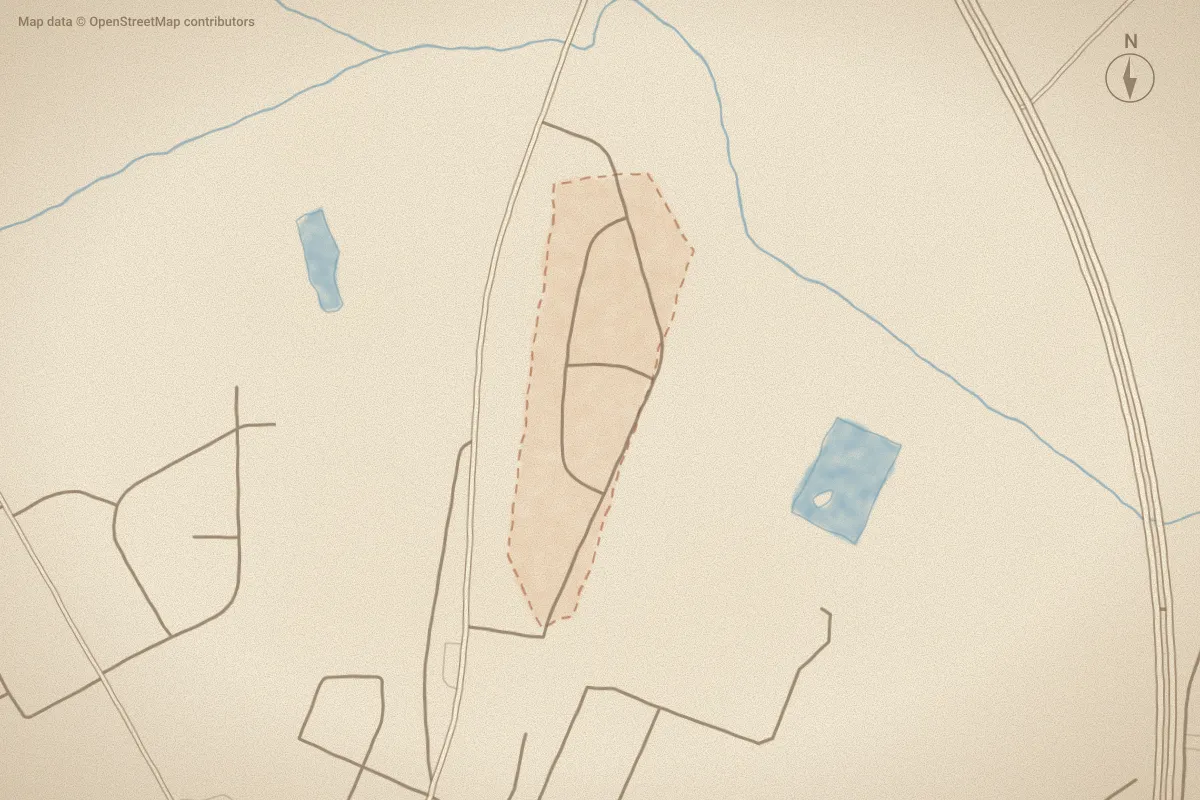 Watercolor map of Pine Ridge in Elm City, NC, showing its streets, water and surroundings