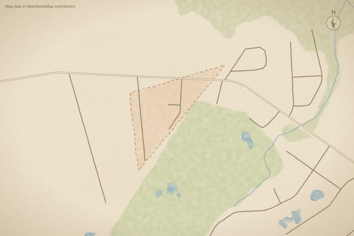 Watercolor map of Pine Ridge in Newport, NC, showing its streets, water and surroundings