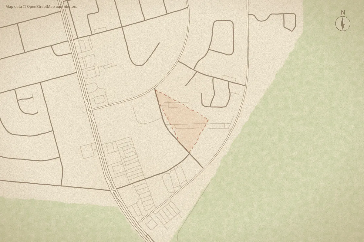 Watercolor map of Pine Villa Townhomes in Havelock, NC, showing its streets, water and surroundings