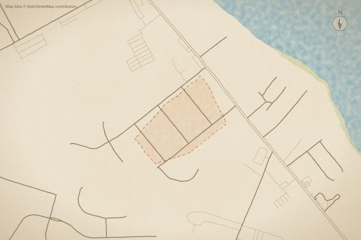 Watercolor map of Pinecrest in New Bern, NC, showing its streets, water and surroundings