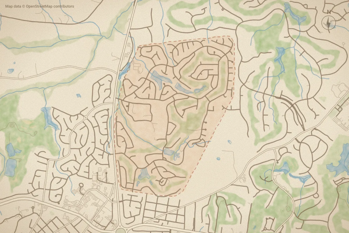 Watercolor map of Pinehurst No. 6 in Pinehurst, NC, showing its streets, water and surroundings