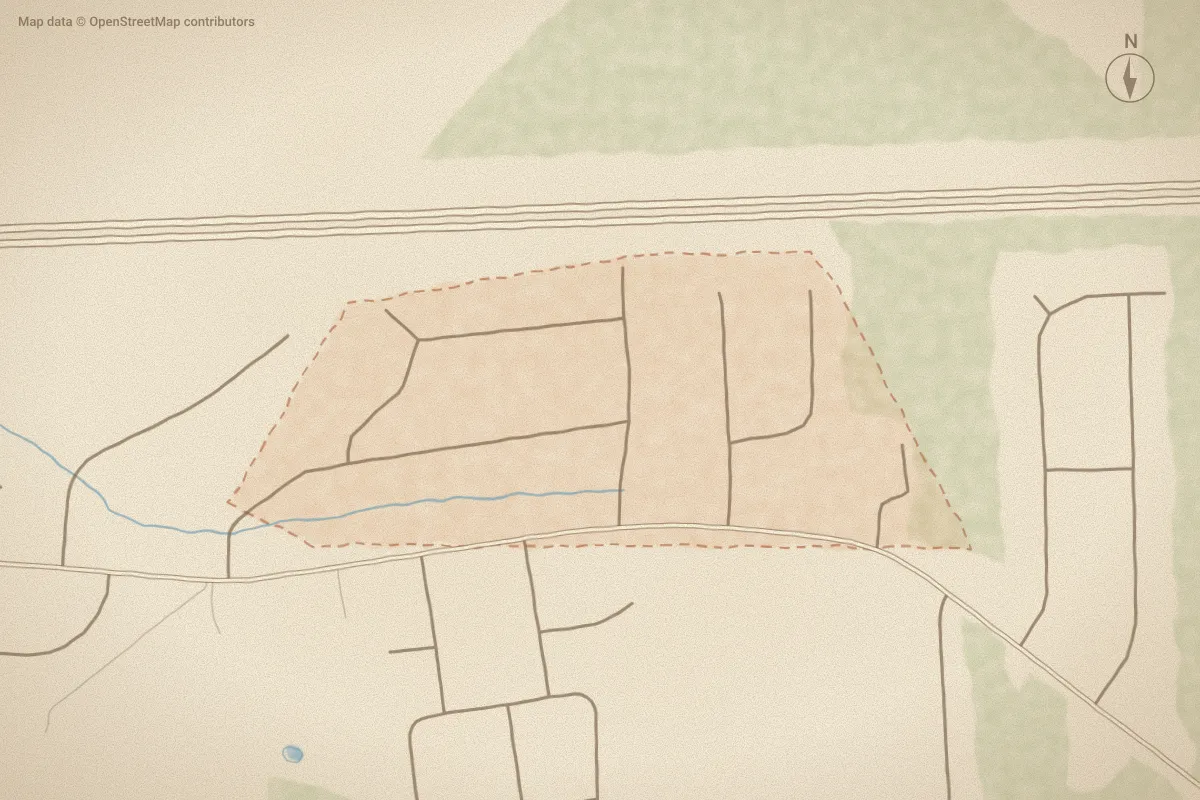 Watercolor map of Pineridge in Greenville, NC, showing its streets, water and surroundings