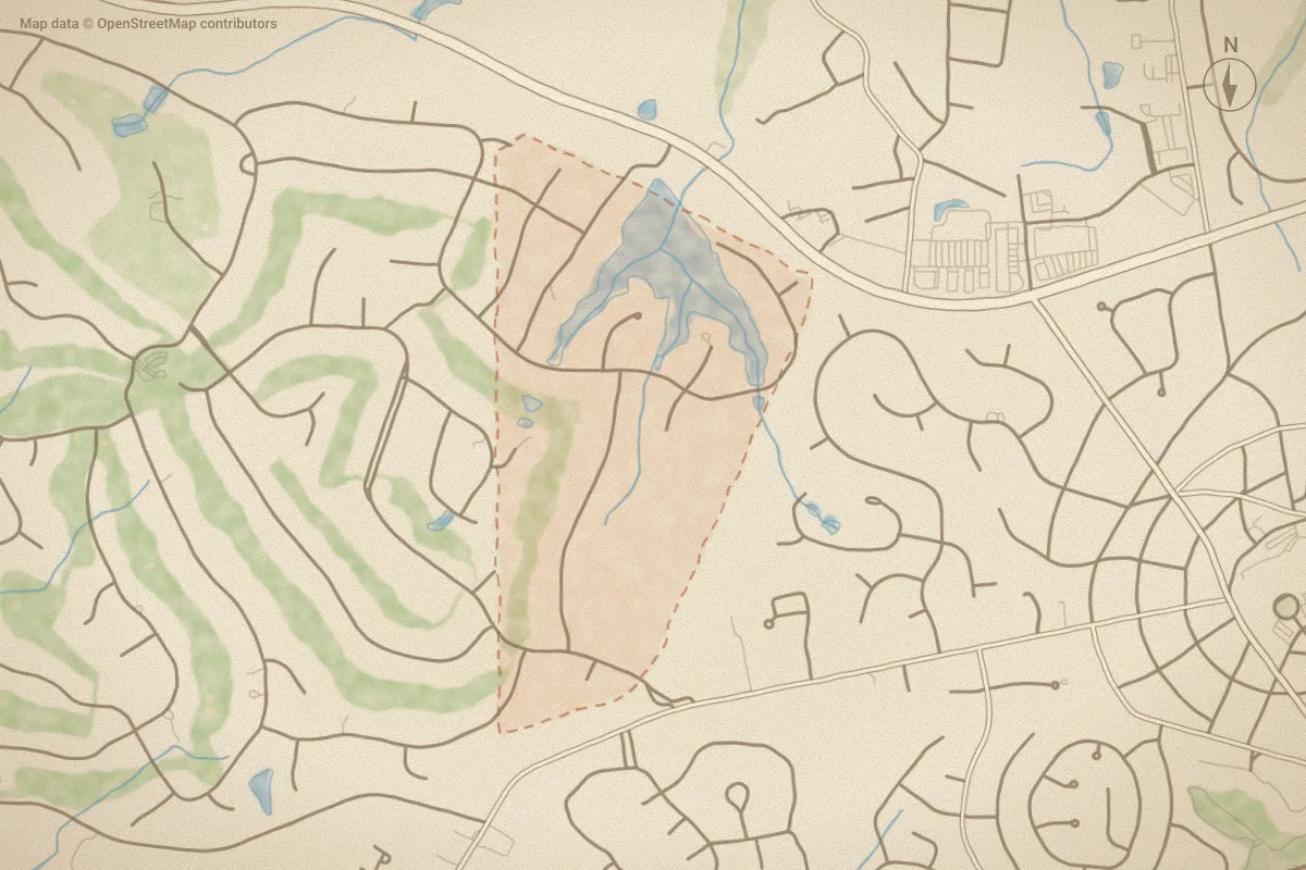 Watercolor map of Pinewild CC in Pinehurst, NC, showing its streets, water and surroundings